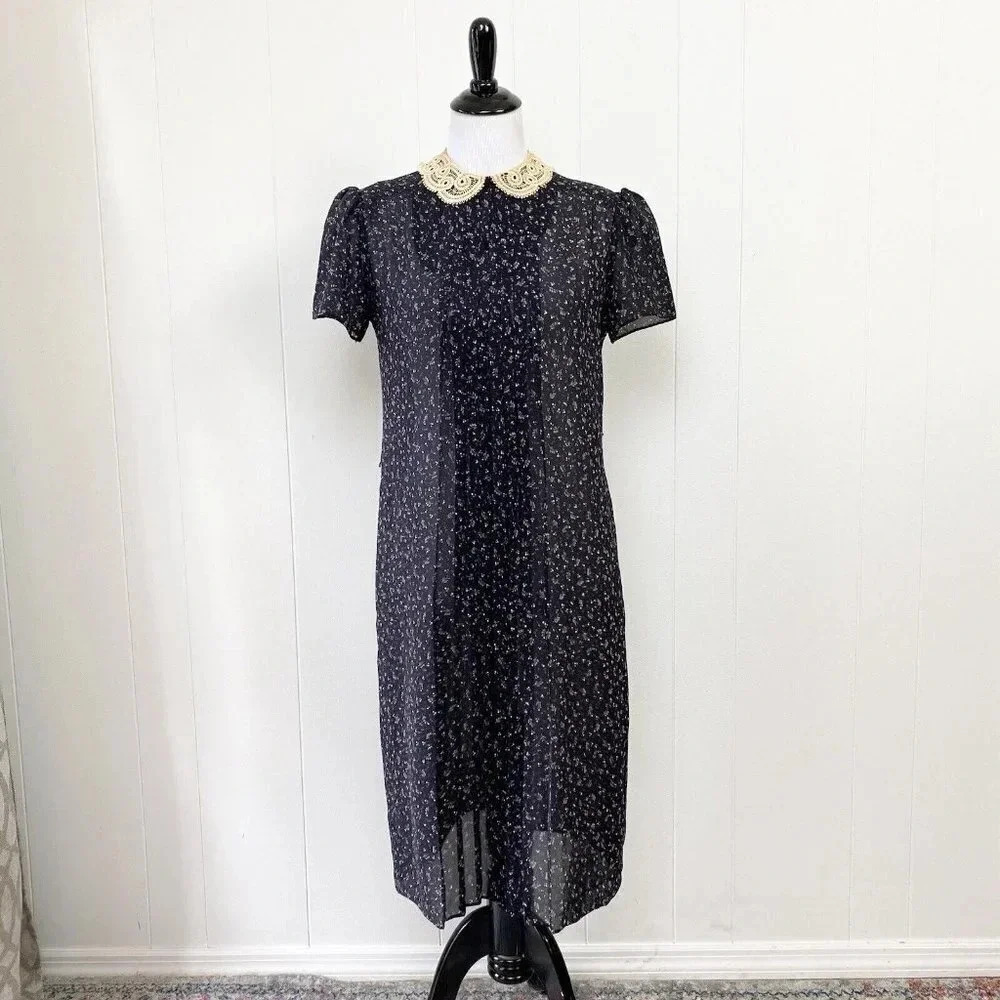 Vintage Lori‎ Ann Petites Lace Collar Black Ditsy Floral Dress S-M